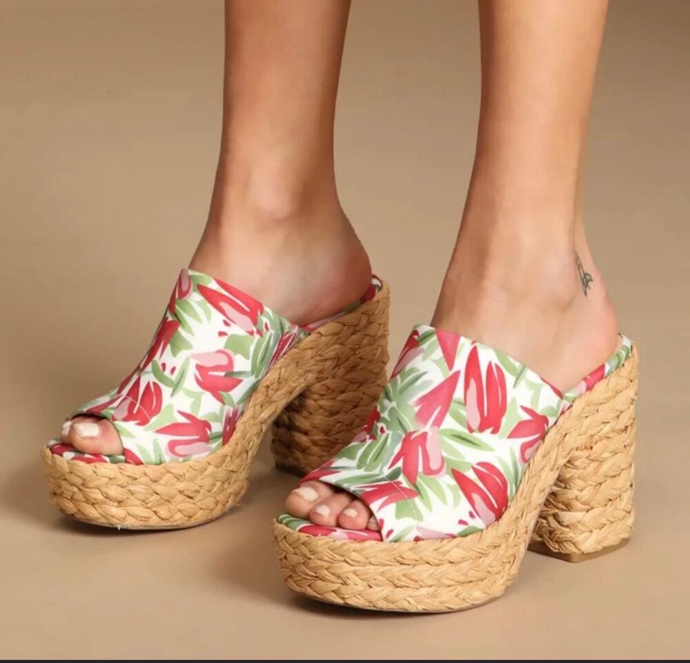 Lulus Ervyn Paradise Tropical Print Raffia Espadrille Platform Heels Size 5